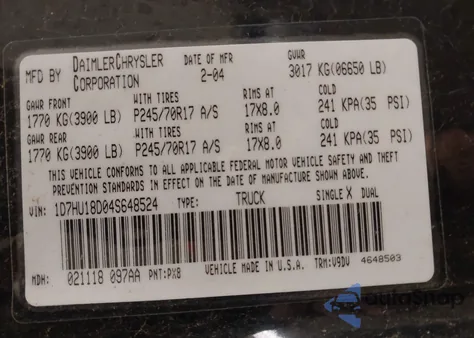 2004 Dodge Ram 1500 Slt/Laramie from USA, damaged, VIN 1D7HU18D04S648524